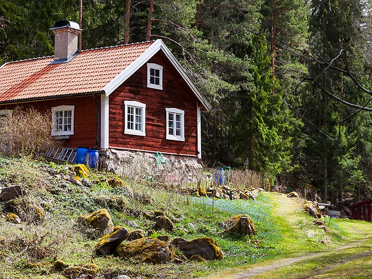 En liten röd stuga med vita knutar i Sverige. Tjock skog syns bakom och grönt gräs framför huset. 
