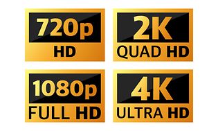 Four different kinds of screen resolution - 720 HD, 2K Quad HD, 1080 Full HD, 4K UHD