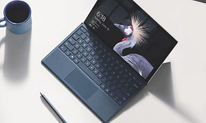 2-i-1-enhet uppslagen som en laptop på ett bord med en fågel på displayen och en kaffe kopp vid sidan av.