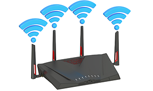 En svart router med fyra antenner med blå wifi-symboler ovanför för att symbolisare att den har beamforming.