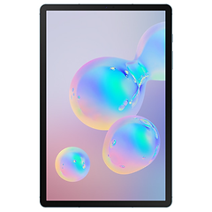 Samsung galaxy Tab S6 framifrån med tunn svart ram och färgglada bubblor som motiv på skärmen, vit bakgrund. 