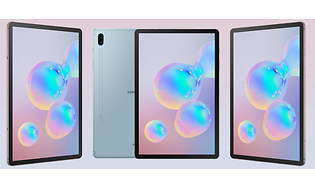 Tre samsung galaxy tab s6 uppställda bredvid varandra med färgglada bubblor på skrämen, en surplatta vänd med baksidan fram.