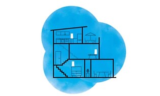 En ritning över ett hus med blå färg för att visa på mesh-nätveket som ger täckning överallt. 