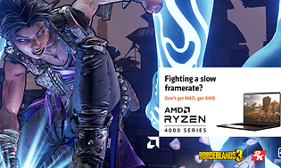 Banner för AMD Ryzen 4000-serien med bild från gaming och en laptop nere i högra hörnet.