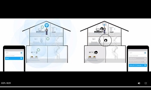 Skärmdump från video om Mesh nätverk, ritning på två hus varav den ena har blå färg för att symbolisera Mesh-nätverk.