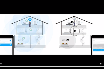 Skärmdump från video om Mesh nätverk, ritning på två hus varav den ena har blå färg för att symbolisera Mesh-nätverk.