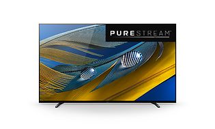 Sony TV med fjäder motiv på skärmen och texten "PureStream". 