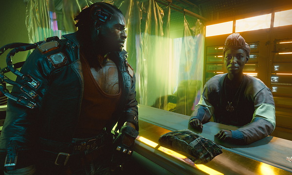Cyberpunk: En fredlös vid en kassa i Night City.