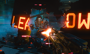 En fiende skjuts i Cyberpunk 2077.