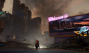 En stor skylt som säger Welcome to Night City i Cyberpunk 2077.