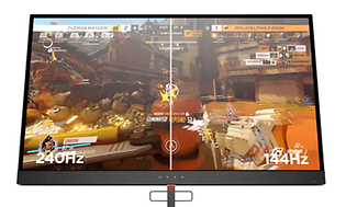 HP Omen-datorskärm uppdelat i två med jämförelse mellan uppdateringsfrekvenserna 144 Hz och 240 Hz.