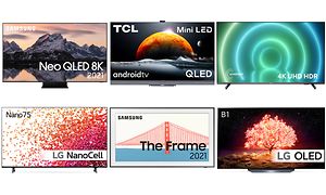 Collage med sex stycken olika TV-apparater från 2021. 