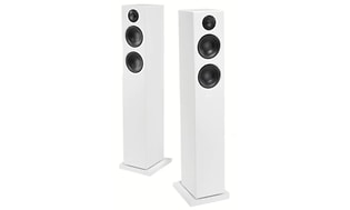 Två vita HiFi högtalarpelare av modellen Audio Pro Addon T20. 