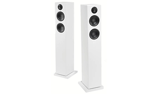 Två vita HiFi högtalarpelare av modellen Audio Pro Addon T20.