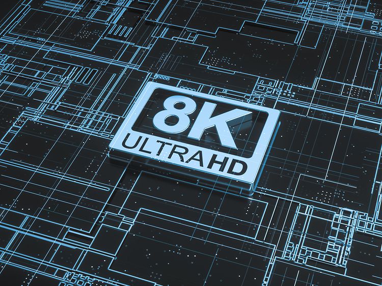 En fyrkant med texten 8K Ultra HD med ett rutnät bakom.
