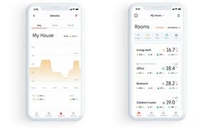 Mill app som visar statistik på vit mobil, två skärmar bredvid varandra.
