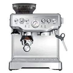 Stor silverfärgad kaffemaskin från Sage. 