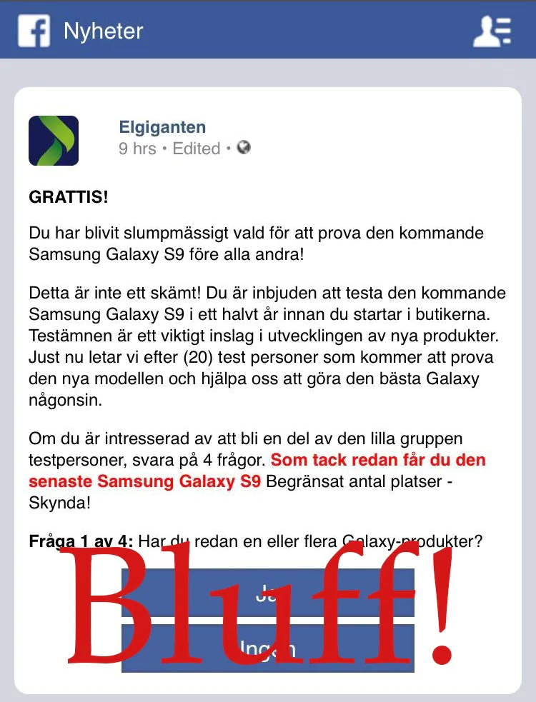 Exempel på bluffmail med texten "bluff" i rött!