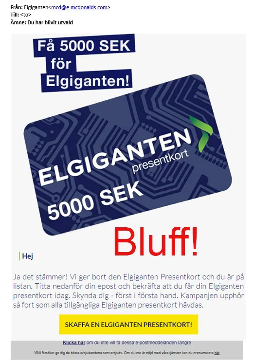 Exempel på bluffmail med bild på ett presentkort och texten "Bluff" i rött.