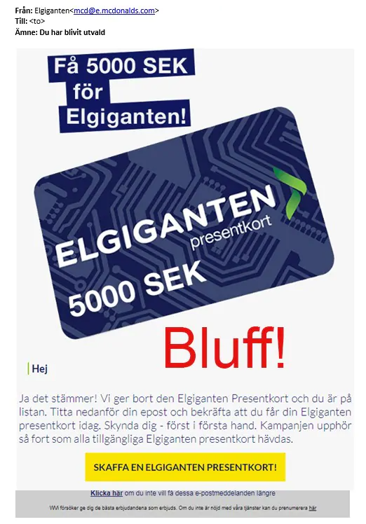 Exempel på bluffmail med bild på ett presentkort och texten "Bluff" i rött. 