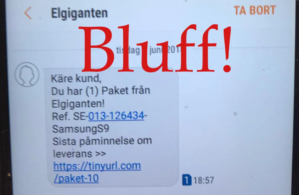 Exempel på bluff-sms med texten "Bluff" i rött.