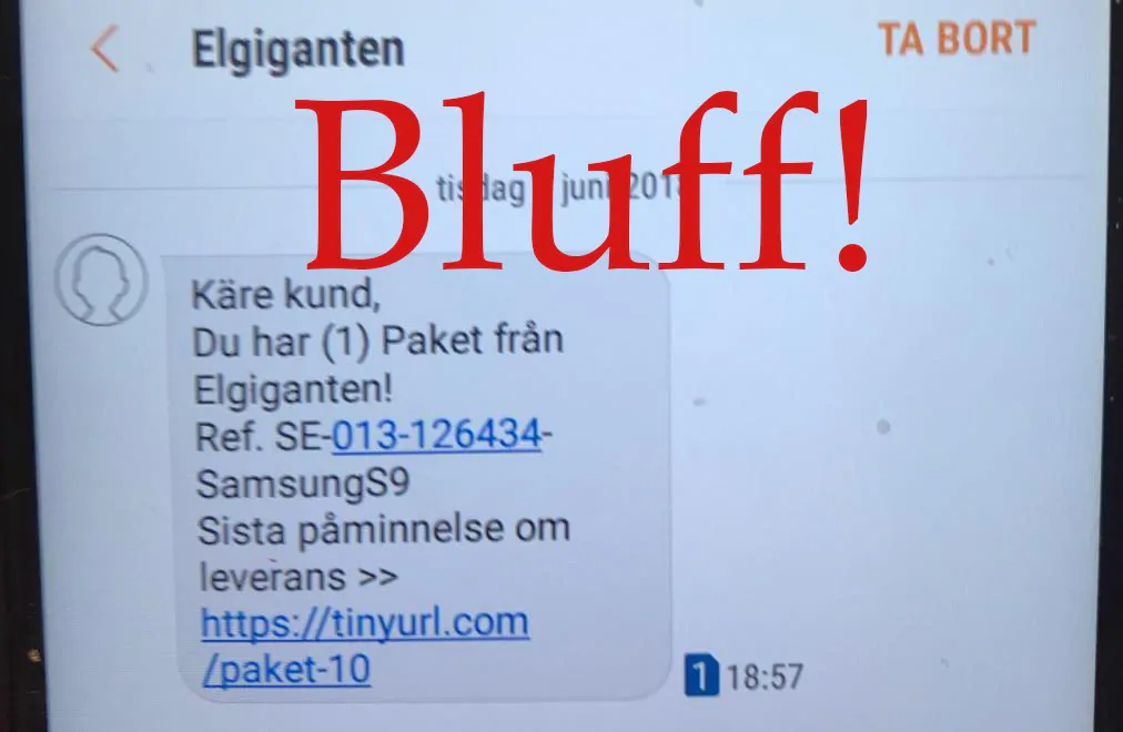 Exempel på bluff-sms med texten "Bluff" i rött. 