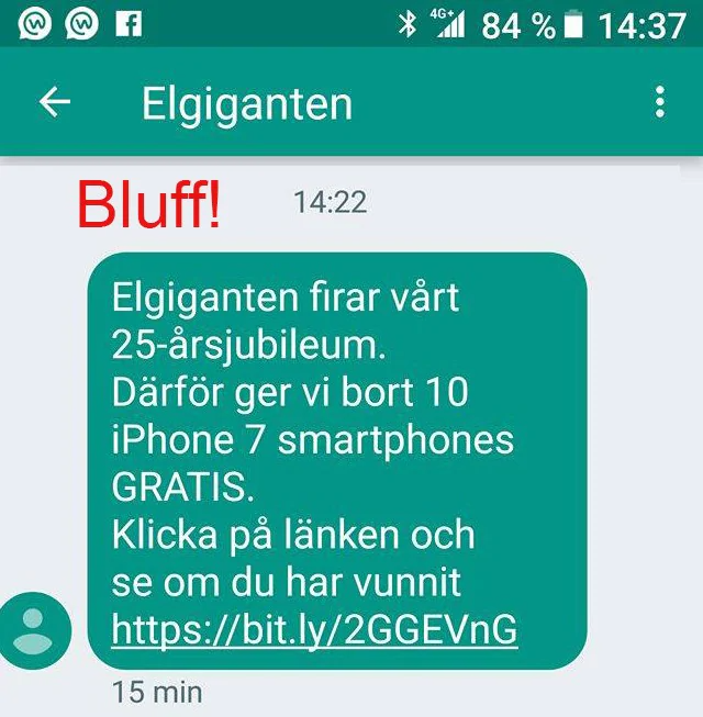 Exempel på bluff-sms med texten "Bluff" i rött.