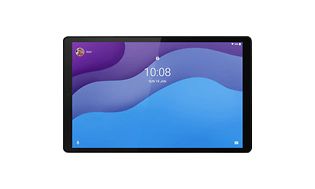 Surfplatta från Lenovo Tab M10 med blå/lila vågmotiv på skärmen och svart ram.
