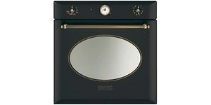 Svart ugn från Smeg med runt fönster. 