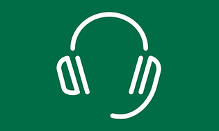 Symbol som visar ett huvud med headset på i vitt på grön bakgrund.