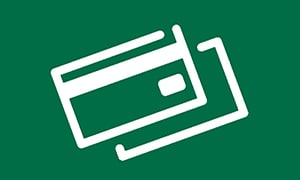 Betalningsalternativ, vit symbol som föreställer kreditkort på grön bakgrund. 