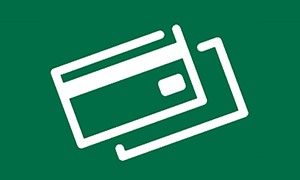 Betalningsalternativ, vit symbol som föreställer kreditkort på grön bakgrund.