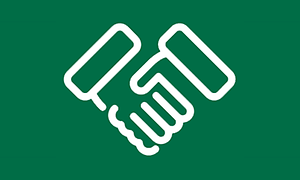 Symbol som visar två händer som skakar hand i vitt på grön bakgrund.
