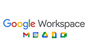 Google Workspace text i olika färger på vit bakgrund med app-symboler under. 