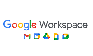Google Workspace text i olika färger på vit bakgrund med app-symboler under.