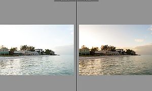Jämförelse av två foton med strandmotiv före och efter autofunktion i Adobe Lightroom. 