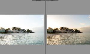 Jämförelse av två foton med strandmotiv före och efter autofunktion i Adobe Lightroom.