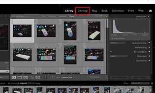Skärmdump från Adobe Lightroom bibliotek med bilder på tangentbord och en datormus, röd markering runt menyvalet "develop".