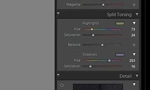 Skärmdump från Adobe Lightrooms verktygsfält för split toning med olika nivåer. 