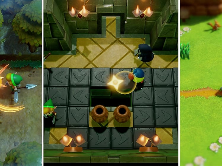 Bild från spelet Legend of Zelda med tre olika scener. 