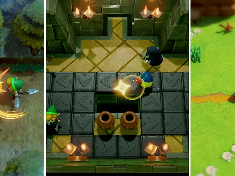 Bild från spelet Legend of Zelda med tre olika scener.