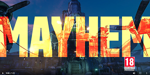 Skärmdum från video om spelet Borderlands 3 med bild på ett spökslott med texten "Mayhem" i gult. 