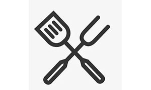 Teckning som föreställer grillbestick, en gaffel och en stekspade.