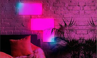 LIFX Tile med rosa och blått ljus på vägg i vardagsrum. Hörnet på en soffa och en stor krukväxt syns också.