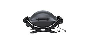 En liten svart elektrisk grill från Weber Q1400.