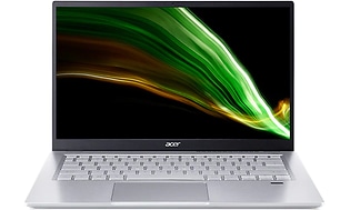 Silverfärgad laptop från Acer med självlysande grön färgremsa på skärmen. 