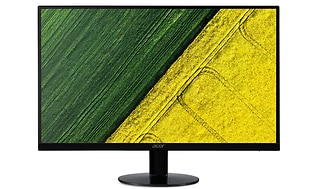 En svart datorskärm från Acer på stativ som visar ett grön/gult fält på bildskärmen.