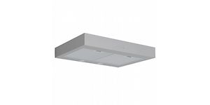 Underhängd silverfärgad köksfläkt från Silverline Frigg med centralventilation.