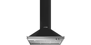 Vägghängd köksfläkt från Smeg i svart och grå färg med centralventilation. 