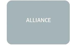 Alliance - vit text på grå bakgrund. 